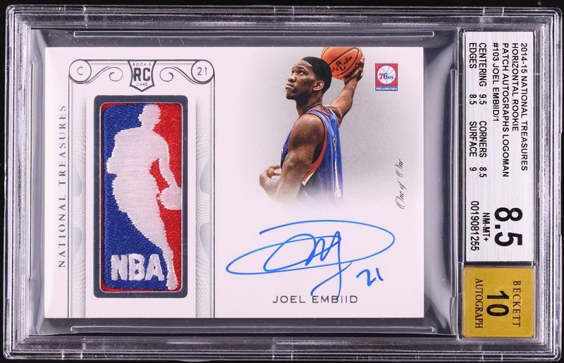 2014 National Treasures Joel Embiid ROOKIE LOGOMAN PATCH AUTO 1/1 #103 BGS 8.5 NM-MT+