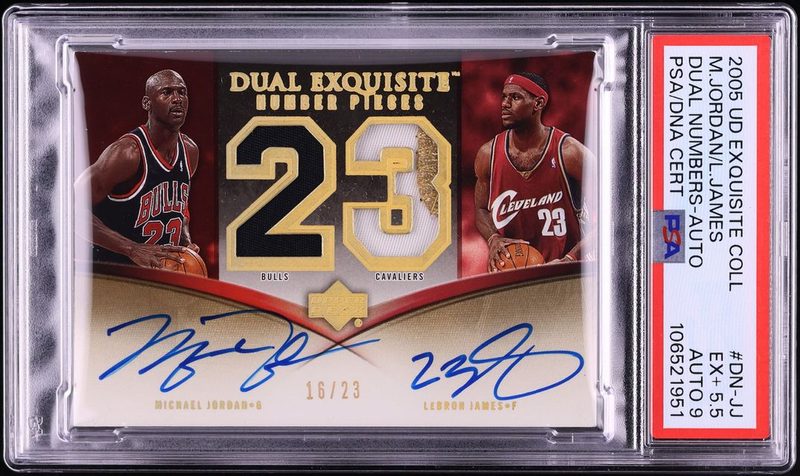 2005 UD Exquisite Collection Dual Numbers LeBron James/Michael Jordan Dual Numbers-Autograph DN-JJ