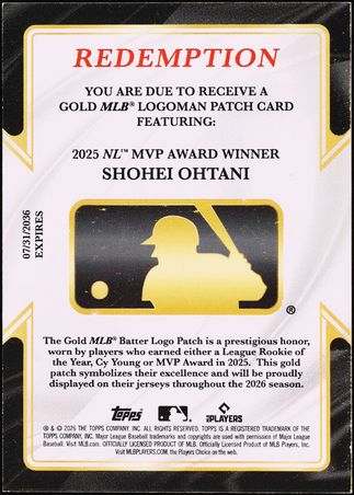 2026 Topps Chrome MVP Award Gold MLB Logoman Patch Card Shohei Ohtani /4 Unscratched Redemption