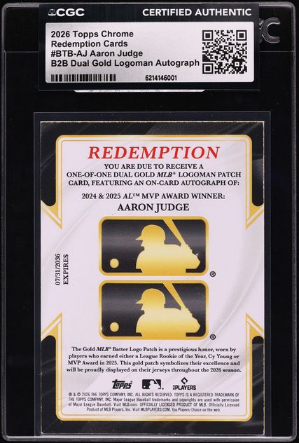 2026 Topps Chrome Aaron Judge Redemption Cards B2B Dual Gold Logoman Autograph BTB-AJ