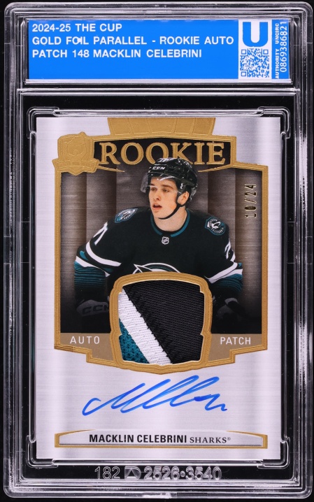 Macklin Celebrini 2024-25 The Cup Gold Foil rookie patch auto /24