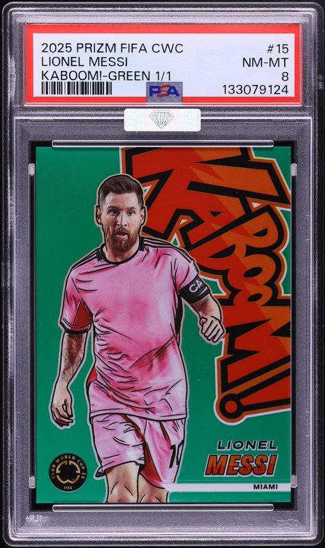 Lionel Messi 2025 Prizm Club World Cup Kaboom! Green 1/1, PSA 8