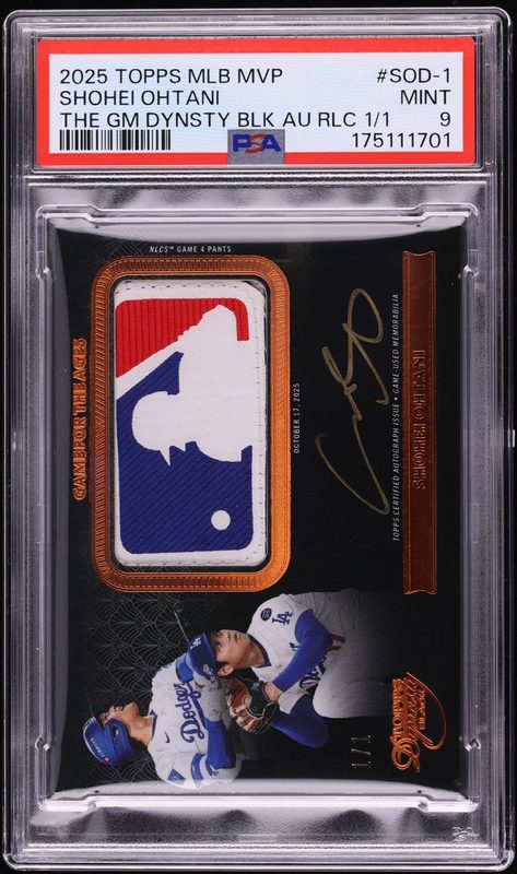 Shohei Ohtani 2025 Topps MLB MVP The Game Dynasty Black Logoman patch auto 1/1, PSA 9